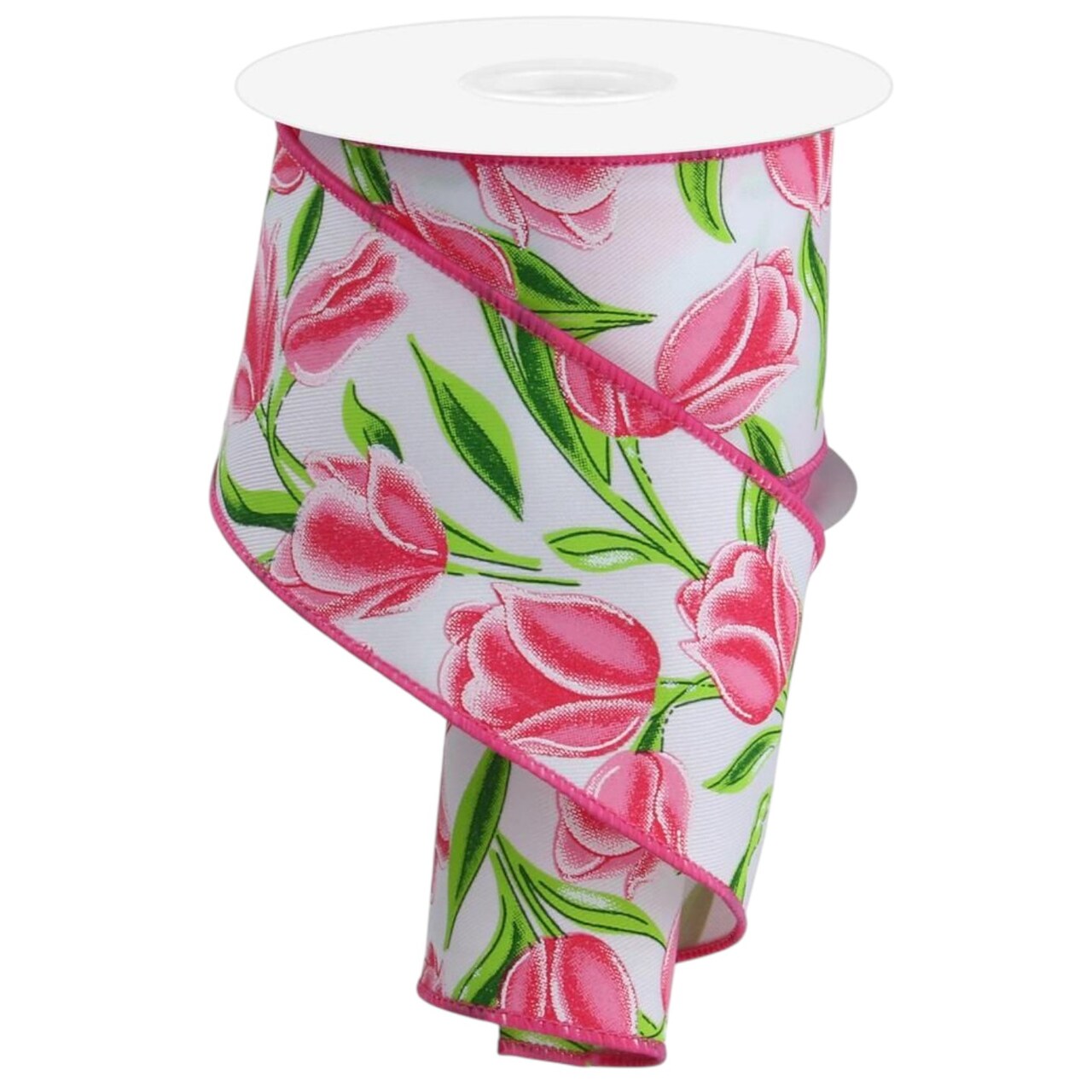 RG Ribbon: 2.5" Tulip Print Wired Ribbon for Bows, Wreath Accents, Crafts, and Decorations - White, Green, Pink